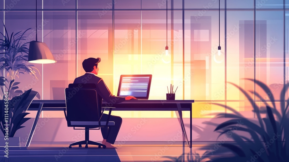 A person working at a desk in a modern office, illuminated by a sunset through large windows. A person working at a desk in a modern office, illuminated by a sunset through large windows.