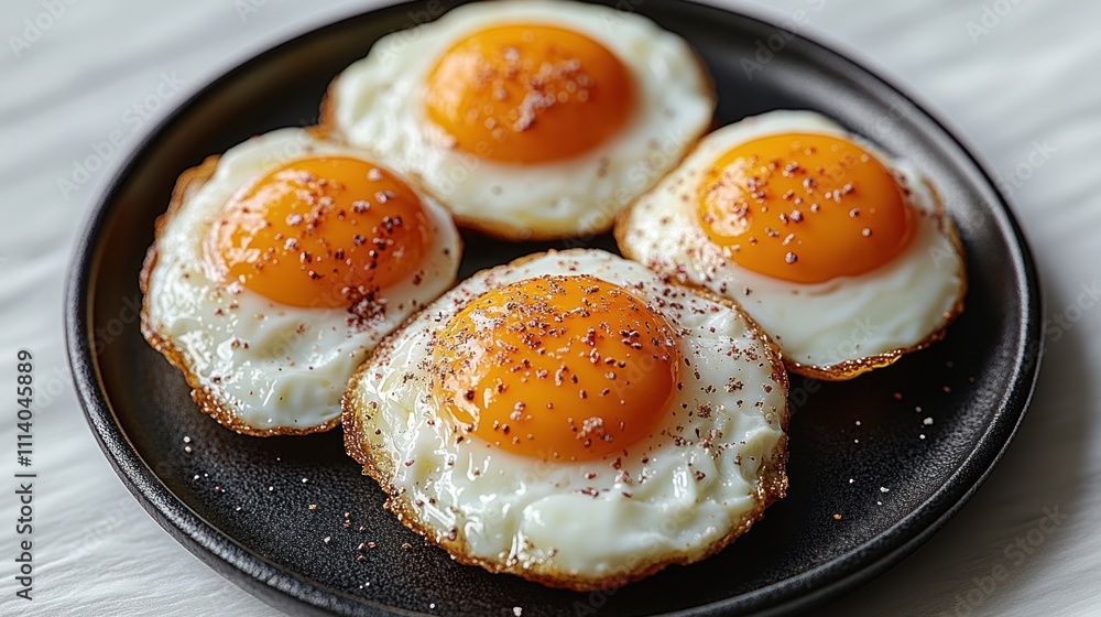 Golden yolked eggs sit invitingly on a dark plate, ready to complement a fulfilling morning feast Golden yolked eggs sit invitingly on a dark plate, ready to complement a fulfilling morning feast