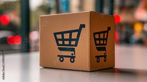 A cardboard box featuring a shopping cart design rests on a table in a lively city atmosphere photo