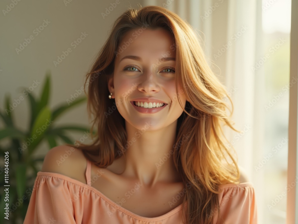 Beautiful smiling woman with long hair posing near window Beautiful smiling woman with long hair posing near window