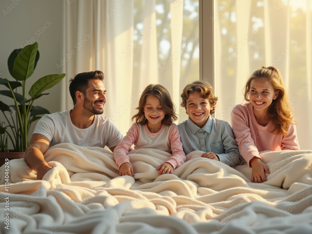 Happy family smiling and relaxing in bed together Happy family smiling and relaxing in bed together