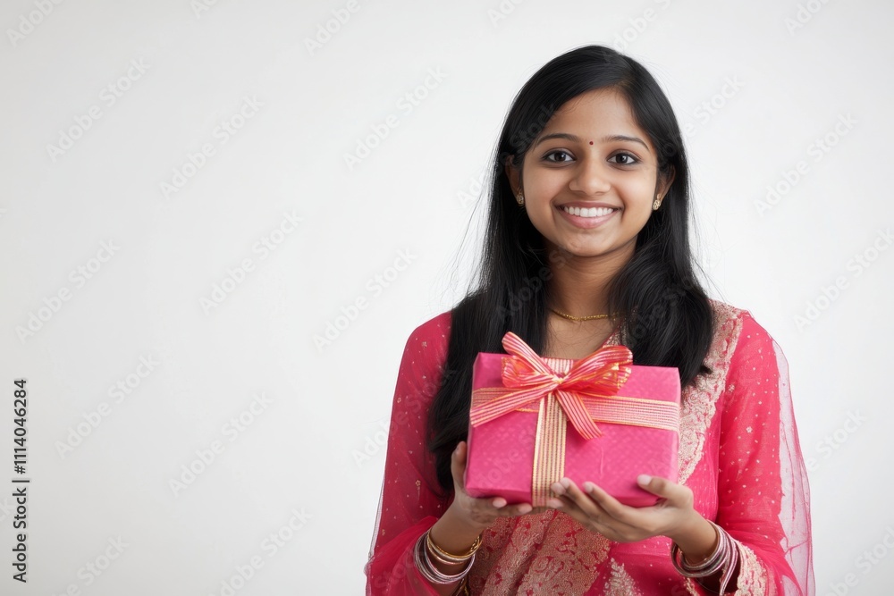 A young Indian ethnic woman with a smiling face holding a gift box in hand against a white background A young Indian ethnic woman with a smiling face holding a gift box in hand against a white background