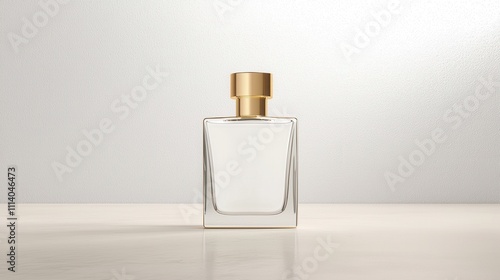 Elegant and Minimalist Perfume Bottle with Gold Cap on a Soft Surface, Reflecting Light, Ideal for Luxury Fragrance Branding and Product Display