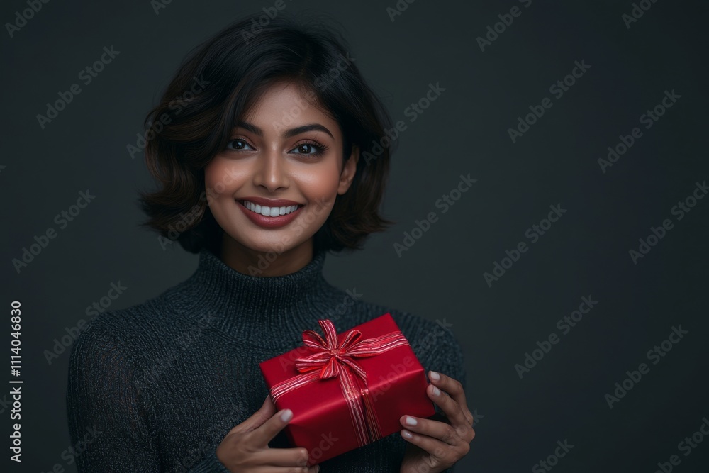 A young Indian ethnic woman with a smiling face holding a gift box in hand against a grey background A young Indian ethnic woman with a smiling face holding a gift box in hand against a grey background