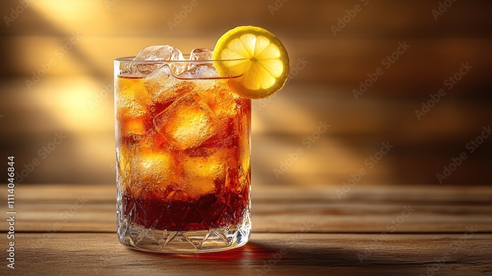 A glass filled with iced tea and a slice of lemon radiates summer vibes under warm sunlight A glass filled with iced tea and a slice of lemon radiates summer vibes under warm sunlight