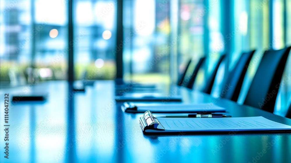 A modern conference room with a long table set for a meeting, featuring clipboards and pens. A modern conference room with a long table set for a meeting, featuring clipboards and pens.