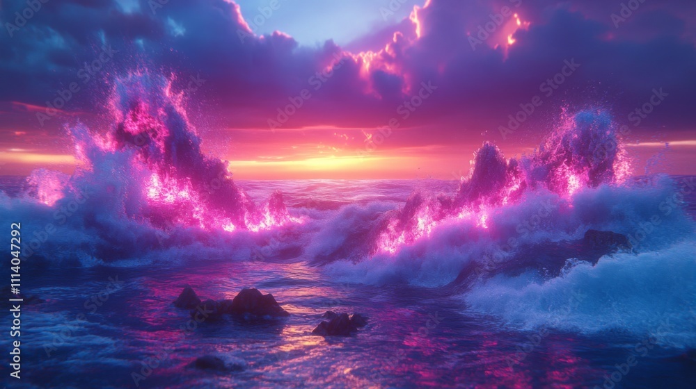 Naklejka premium Pink and Blue Ocean Waves at Sunset