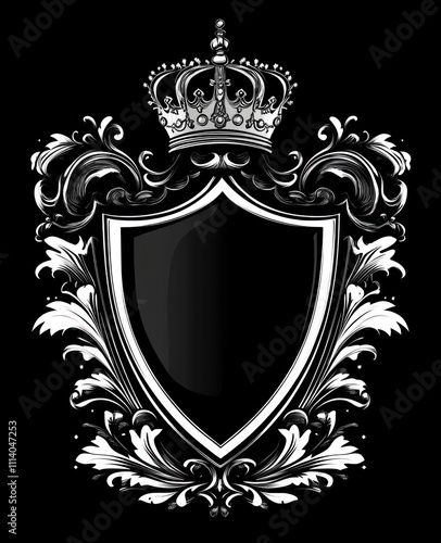 Black shield crest with crown and ornate frame.