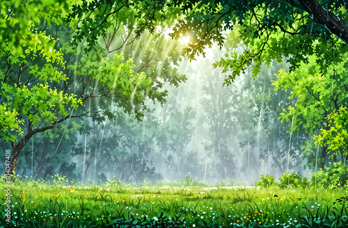 Wallpaper Mural Summer rain in lush green forest, with heavy rainfall background. Rain in the forest with sun casting warm rays between the trees. Abstract natural backgrounds for your design Torontodigital.ca