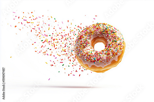 donut round, Pink donut decorated, colorful sprinkles, Flying Frosted sprinkled, white background, Isolated Background.