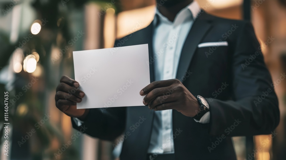 A man in a suit holds a blank sheet of paper, suggesting a presentation or announcement. A man in a suit holds a blank sheet of paper, suggesting a presentation or announcement.