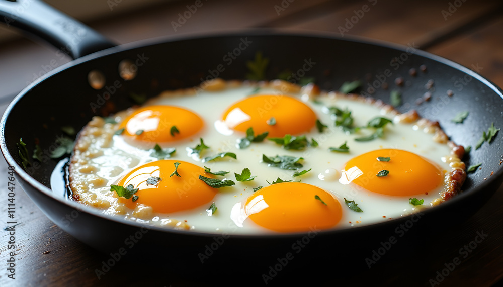 Delicious fried eggs with fresh herbs cooking in a black frying pan Delicious fried eggs with fresh herbs cooking in a black frying pan