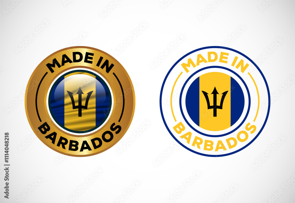 Naklejka premium Made in Barbados label icon with flag. Icon set for business, badge, seal, sticker, logo, and symbol