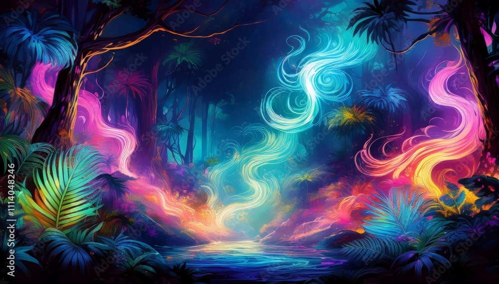 watercolor art illustration of whimsical neon smoke swirling through a dark jungle creating an enchanting and mystical atmosphere watercolor art illustration of whimsical neon smoke swirling through a dark jungle creating an enchanting and mystical atmosphere