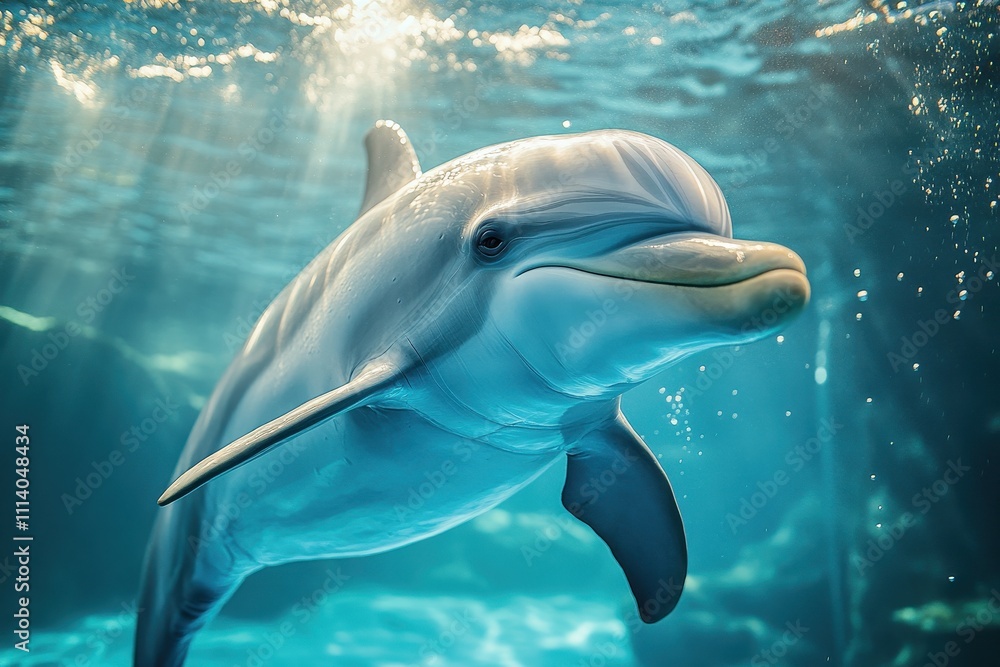 Fototapeta premium Playful Dolphin Underwater with Sunrays 