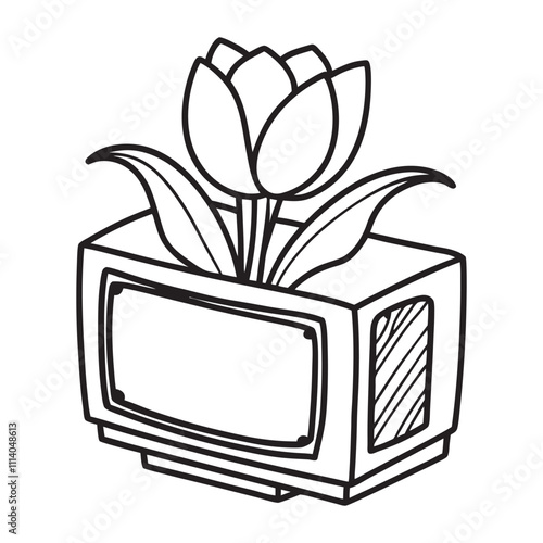 A tulip flower into a vintage tv hand drawn line art,flower,tulip,vintage tv,tv vector illustration on white background.