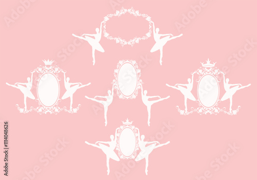 two ballerina girls wearing tutu skirt, standing en pointe holding oval frame decorated with rose flowers - classical ballet dance studio vector design set