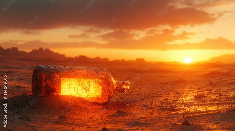 A glowing bottle in a desert landscape during sunset, symbolizing isolation and hope. A glowing bottle in a desert landscape during sunset, symbolizing isolation and hope.