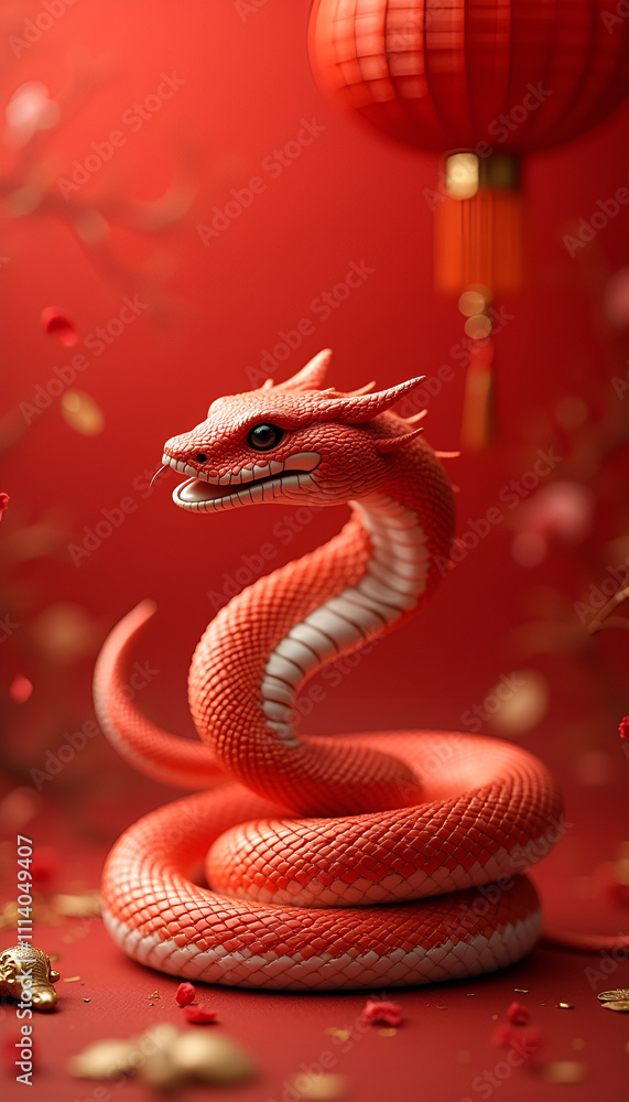 Fototapeta premium Artistic red dragon sculpture with decorative elements on a red background