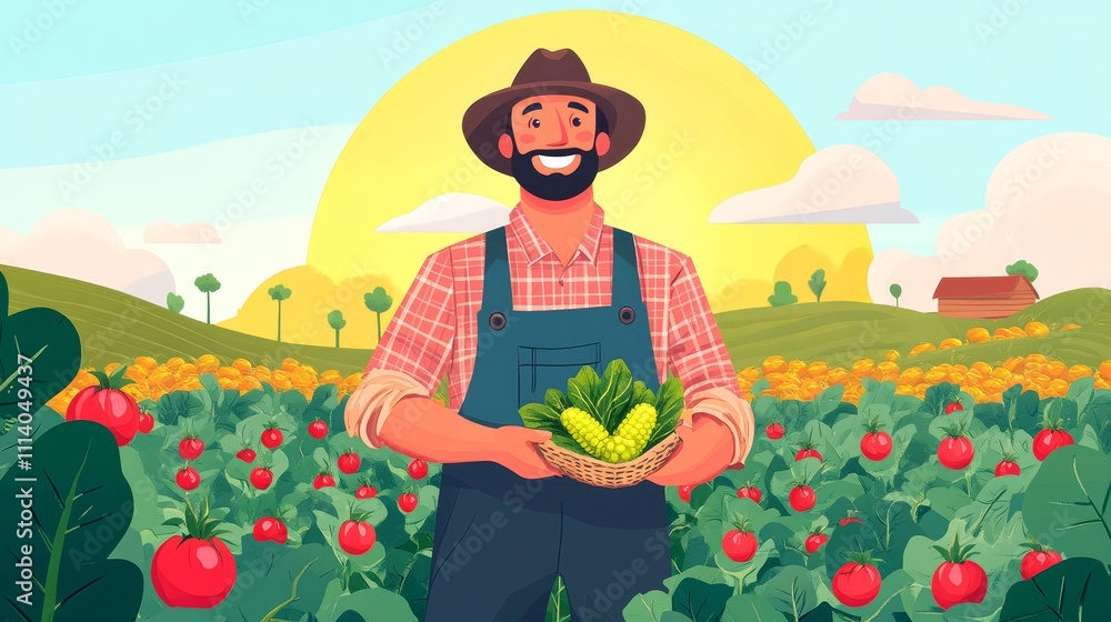 A smiling farmer holds a basket of vegetable in a vibrant field at sunset. A smiling farmer holds a basket of vegetable in a vibrant field at sunset.
