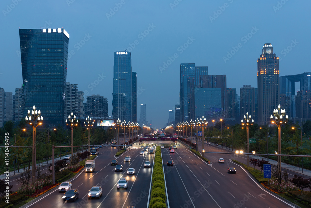 Naklejka premium Night view of Century City section, Tianfu Avenue, Chengdu, Sichuan, China
