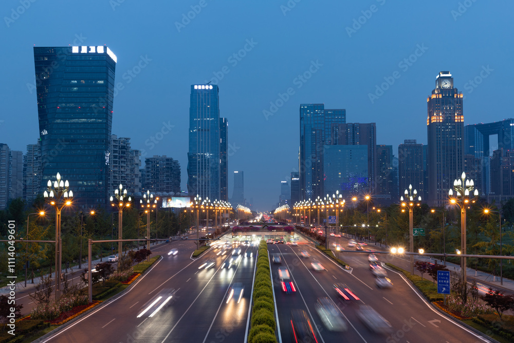 Obraz premium Night view of Century City section, Tianfu Avenue, Chengdu, Sichuan, China