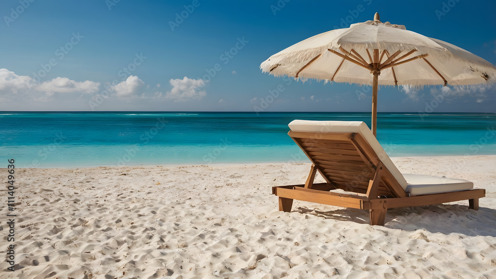 Fototapeta premium A beach chair is sitting on the sand next to an umbrella. The umbrella is open and the chair is facing the ocean. The scene is peaceful and relaxing, with the sound of waves in the background