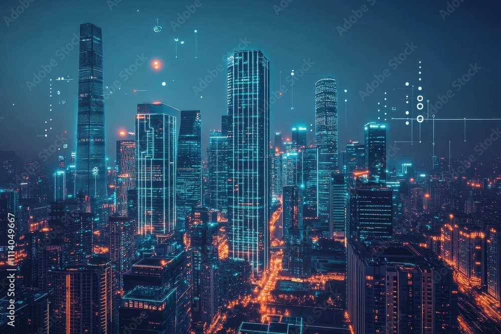 Obraz premium Investment opportunities in a neon-lit city skyline at dusk urban business landscape gigapixel-standard visuals futuristic environment high-tech viewpoint