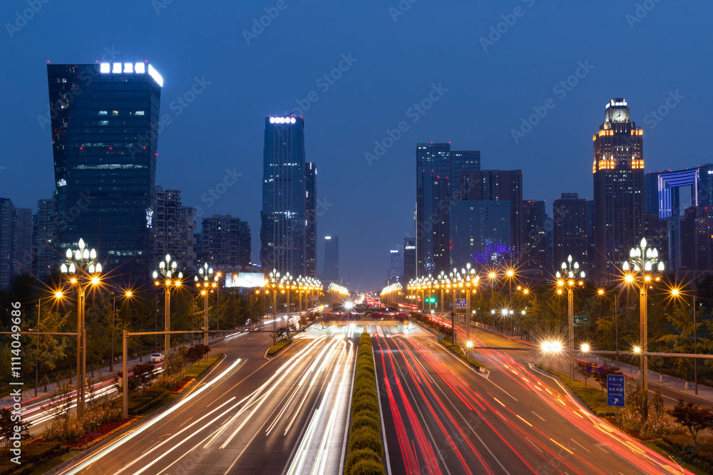 Obraz premium Night view of Century City section, Tianfu Avenue, Chengdu, Sichuan, China
