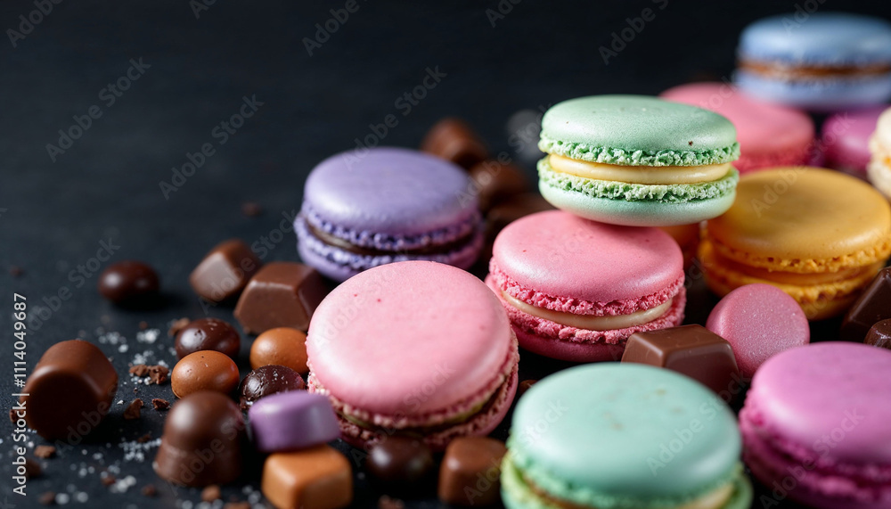 Colorful macarons and chocolates arranged elegantly on a dark background. Colorful macarons and chocolates arranged elegantly on a dark background.