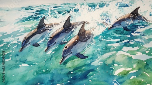 A vibrant watercolor painting of dolphins leaping through turquoise waters. photo