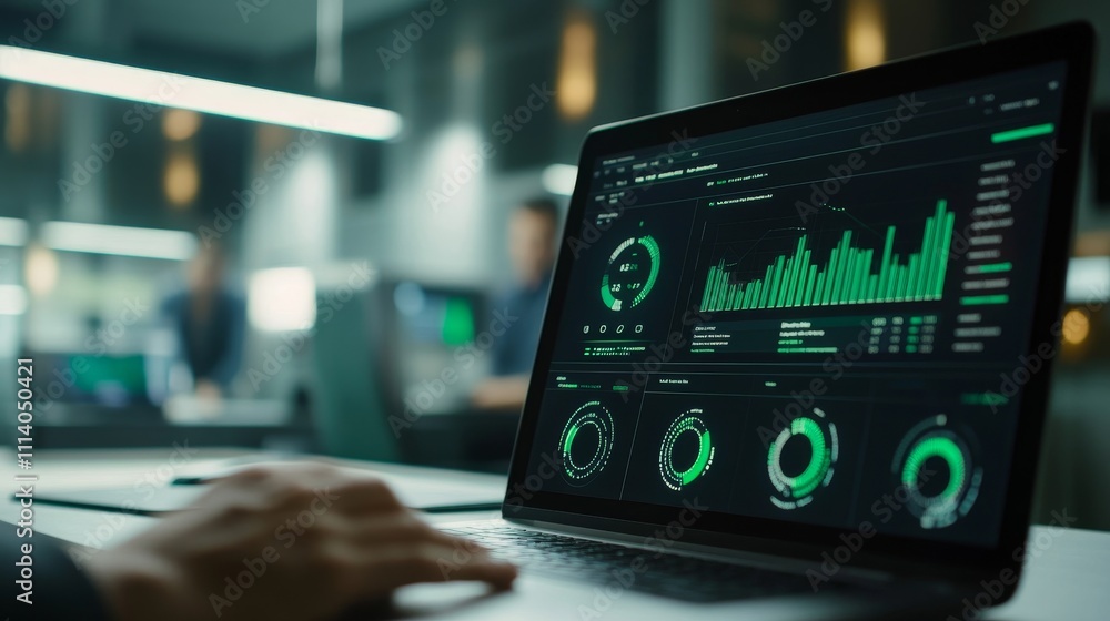 A laptop displaying data analytics and graphs in a modern office setting. A laptop displaying data analytics and graphs in a modern office setting.
