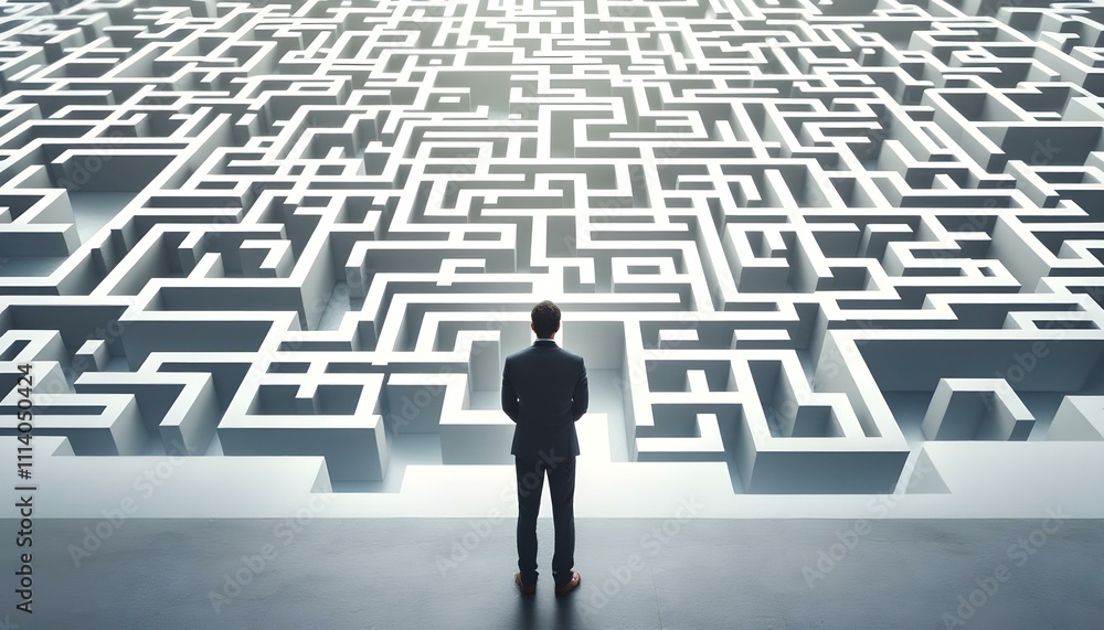 A businessman stands facing a complex pattern. It symbolizing challenges and decision-making in professional life and business too A businessman stands facing a complex pattern. It symbolizing challenges and decision-making in professional life and business too