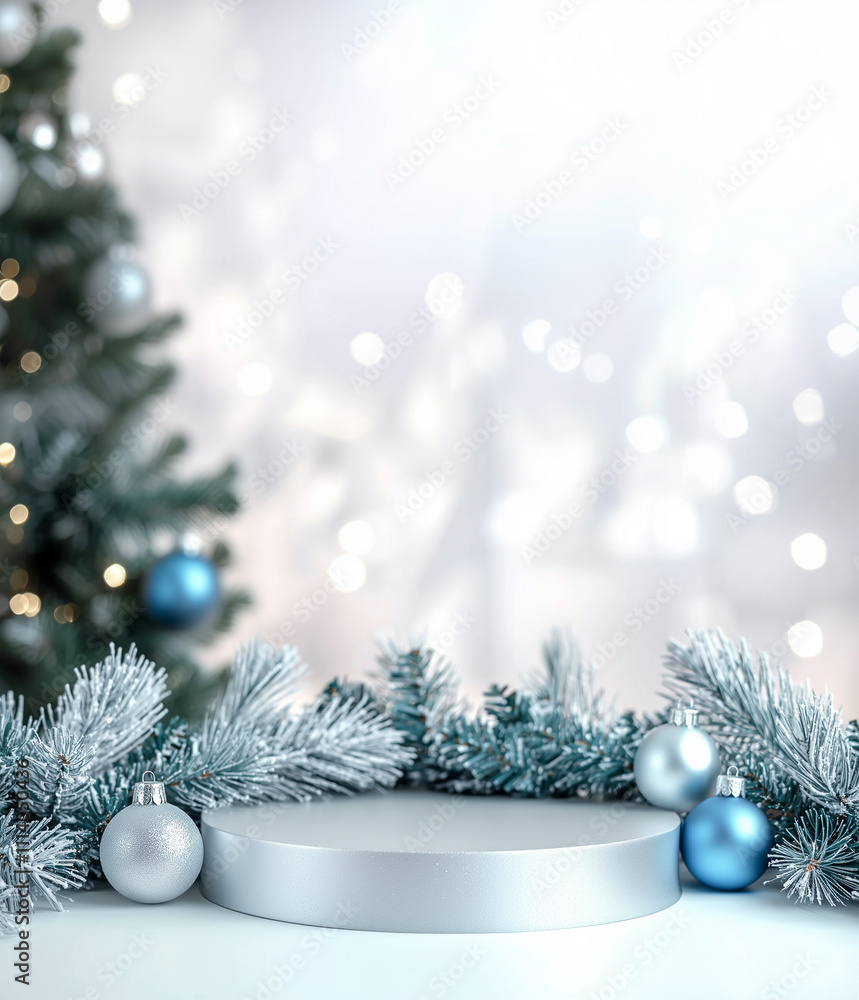 Fototapeta premium Silver round pedestal on a white surface, decorated by silver and blue christmas balls and pine branches, blurred background with Christmas tree and lights