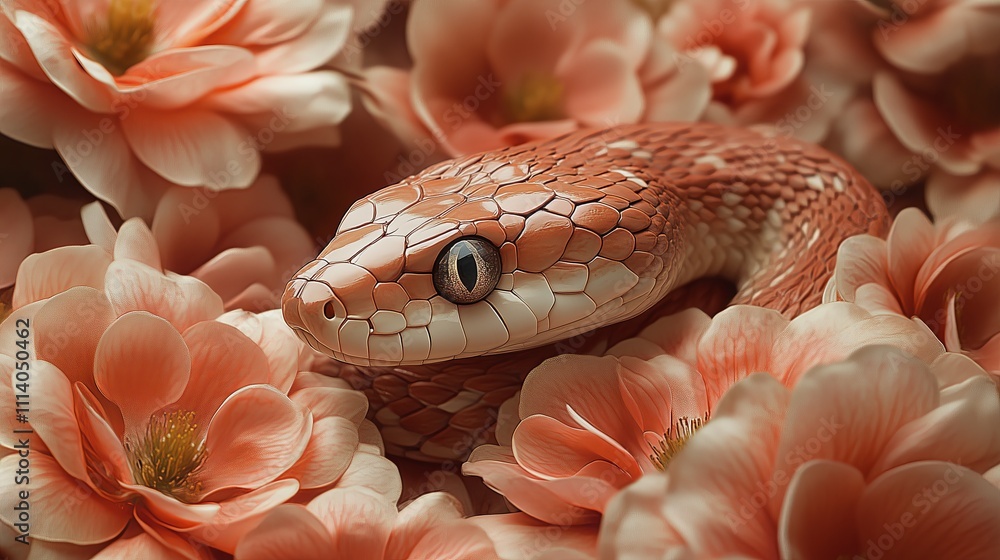 A white snake is laying on a bed of pink flowers