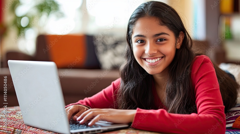Young beautiful Hispanic woman using a laptop while lying on the couch at home. smiles very much. 