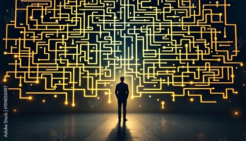 A businessman stands facing a complex pattern. It symbolizing challenges and decision-making in professional life and business too