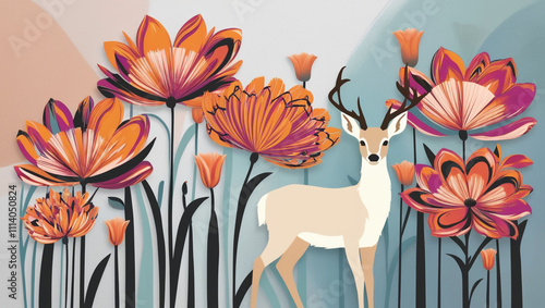 abstract style of drawing colorful flowers wall digital art with deer. modern wall decor on light background Generative AI photo