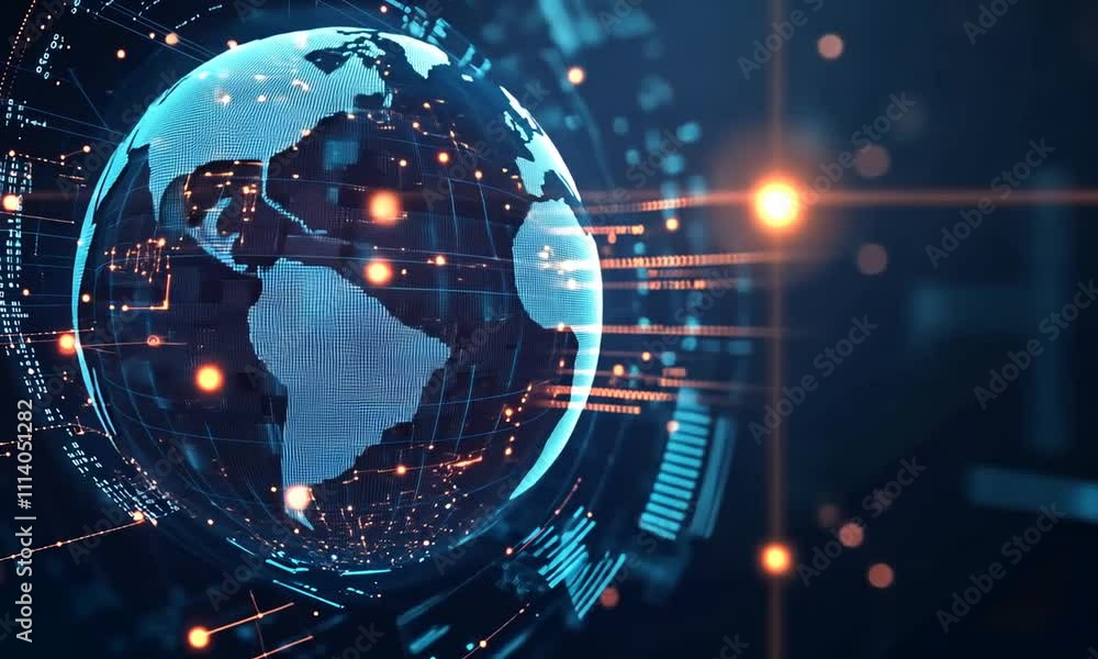 A digital representation of a globe surrounded by glowing data streams, symbolizing connectivity and technology.