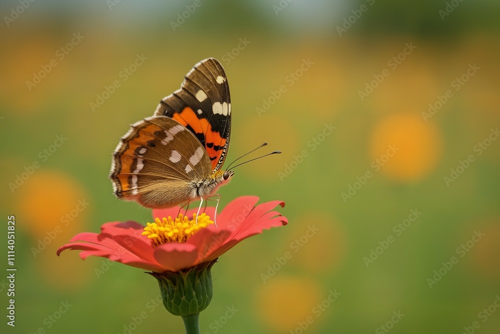 Painted Lady Butterfly on a vibrant red Zinnia Flower in a Soft Focus Meadow, Macro Photography Painted Lady Butterfly on a vibrant red Zinnia Flower in a Soft Focus Meadow, Macro Photography