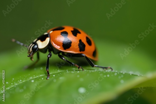 Vibrant red and black Ladybug on Lush Green Leaf with water droplets glistening on, Macro Photography