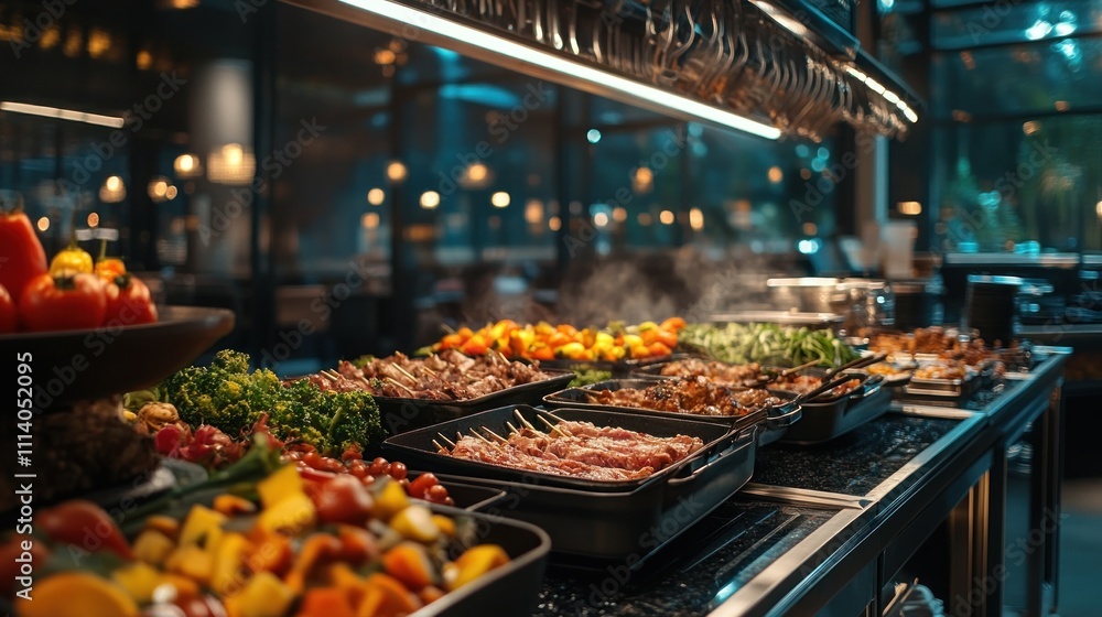 Buffet display with a variety of grilled dishes and vegetables Buffet display with a variety of grilled dishes and vegetables