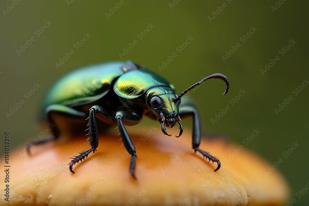 Emerald Green Beetle on Orange Mushroom, Macro Photography Emerald Green Beetle on Orange Mushroom, Macro Photography