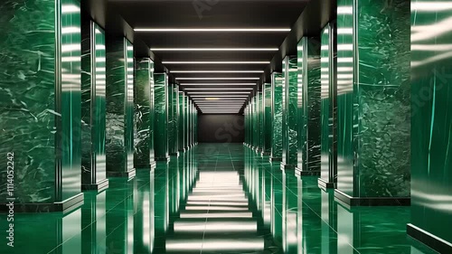 Luxurious Green Marble Hallway with Reflective Floors and Modern Lighting

 photo