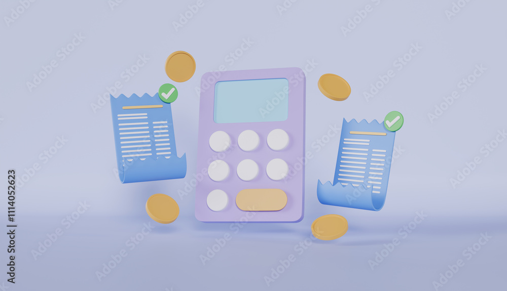Bill payment with calculator and money coins, Business income tax management, invoice statement transaction checking analysis concept Bill payment with calculator and money coins, Business income tax management, invoice statement transaction checking analysis concept