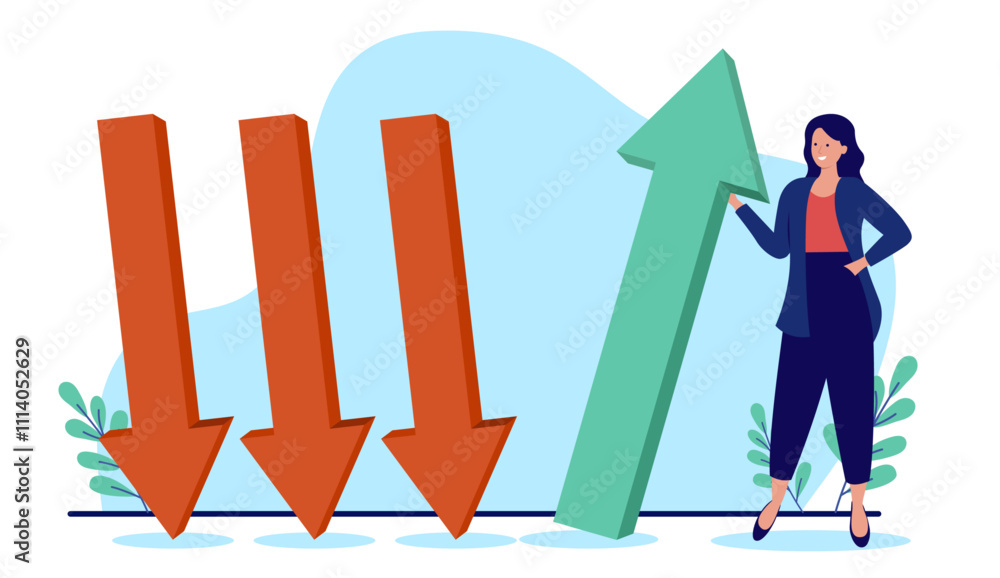 Changing business and company direction in trend shift - Businesswoman manager making changes and helping businesses with growth and success, standing with big green arrow pointing up. Flat design Changing business and company direction in trend shift - Businesswoman manager making changes and helping businesses with growth and success, standing with big green arrow pointing up. Flat design