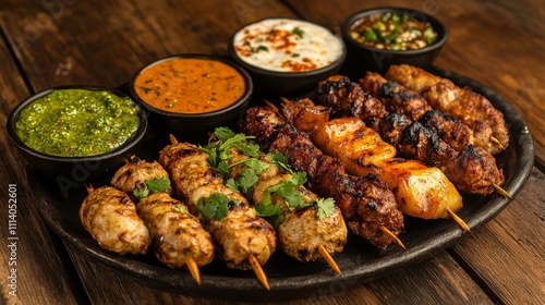 Savory Grilled Skewers with Diverse Sauces and Accompaniments