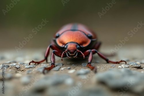 A vibrant red and black beetle on the ground, Macro Photography photo