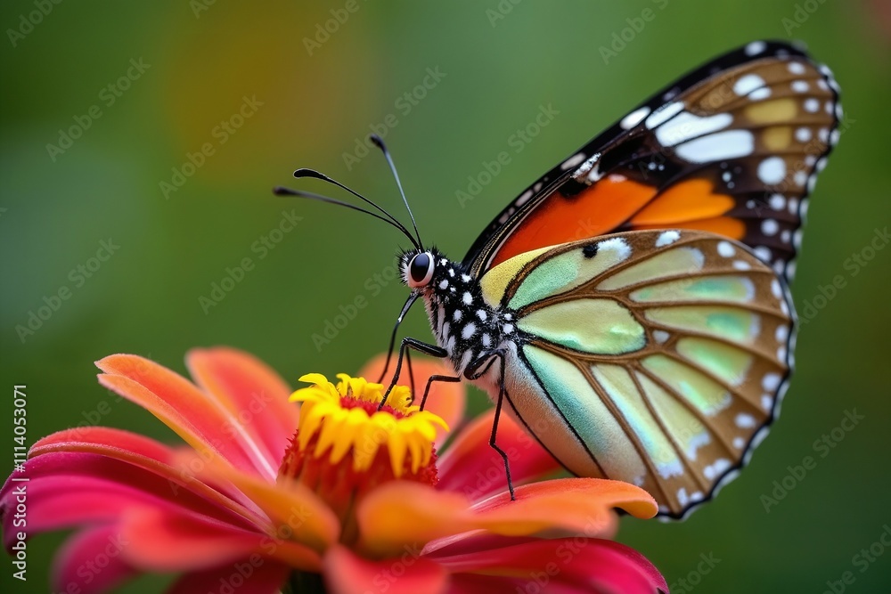 Fototapeta premium Vivid Plain Tiger Butterfly on Zinnia Flower Macro Photography