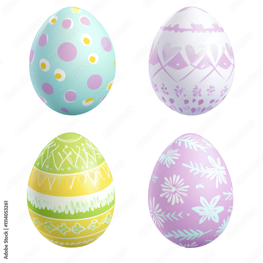 Four pastel-painted Easter eggs with unique patterns and designs, isolated on a white background, symbolizing spring festivities.
Four pastel-painted Easter eggs with unique patterns and designs, isolated on a white background, symbolizing spring festivities.